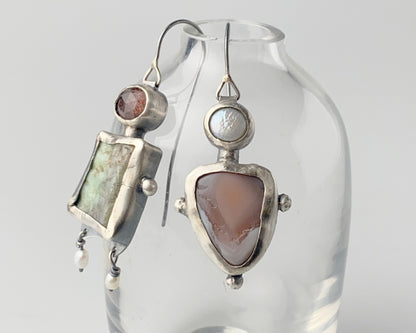 Asymmetrical Bird Ornament Sterling Silver Earrings with Chrysoprase, Strawberry Quartz, Agate and Pearl