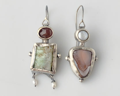 Asymmetrical Bird Ornament Sterling Silver Earrings with Chrysoprase, Strawberry Quartz, Agate and Pearl