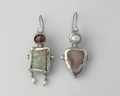 Asymmetrical Bird Ornament Sterling Silver Earrings with Chrysoprase, Strawberry Quartz, Agate and Pearl