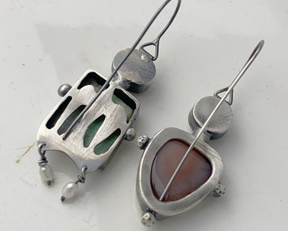 Asymmetrical Bird Ornament Sterling Silver Earrings with Chrysoprase, Strawberry Quartz, Agate and Pearl