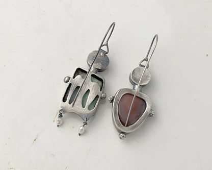 Asymmetrical Bird Ornament Sterling Silver Earrings with Chrysoprase, Strawberry Quartz, Agate and Pearl