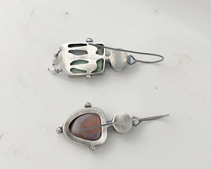 Asymmetrical Bird Ornament Sterling Silver Earrings with Chrysoprase, Strawberry Quartz, Agate and Pearl