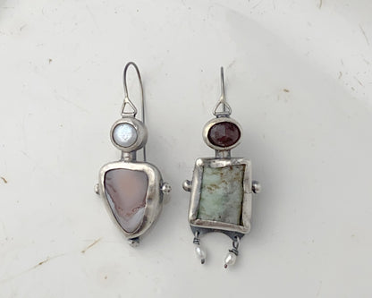 Asymmetrical Bird Ornament Sterling Silver Earrings with Chrysoprase, Strawberry Quartz, Agate and Pearl