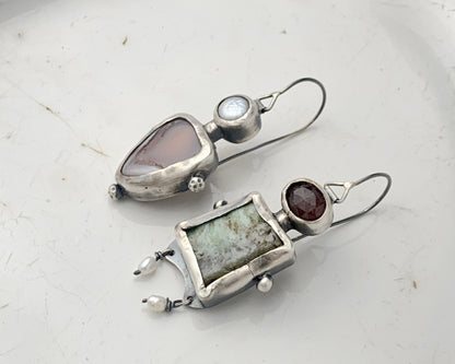 Asymmetrical Bird Ornament Sterling Silver Earrings with Chrysoprase, Strawberry Quartz, Agate and Pearl