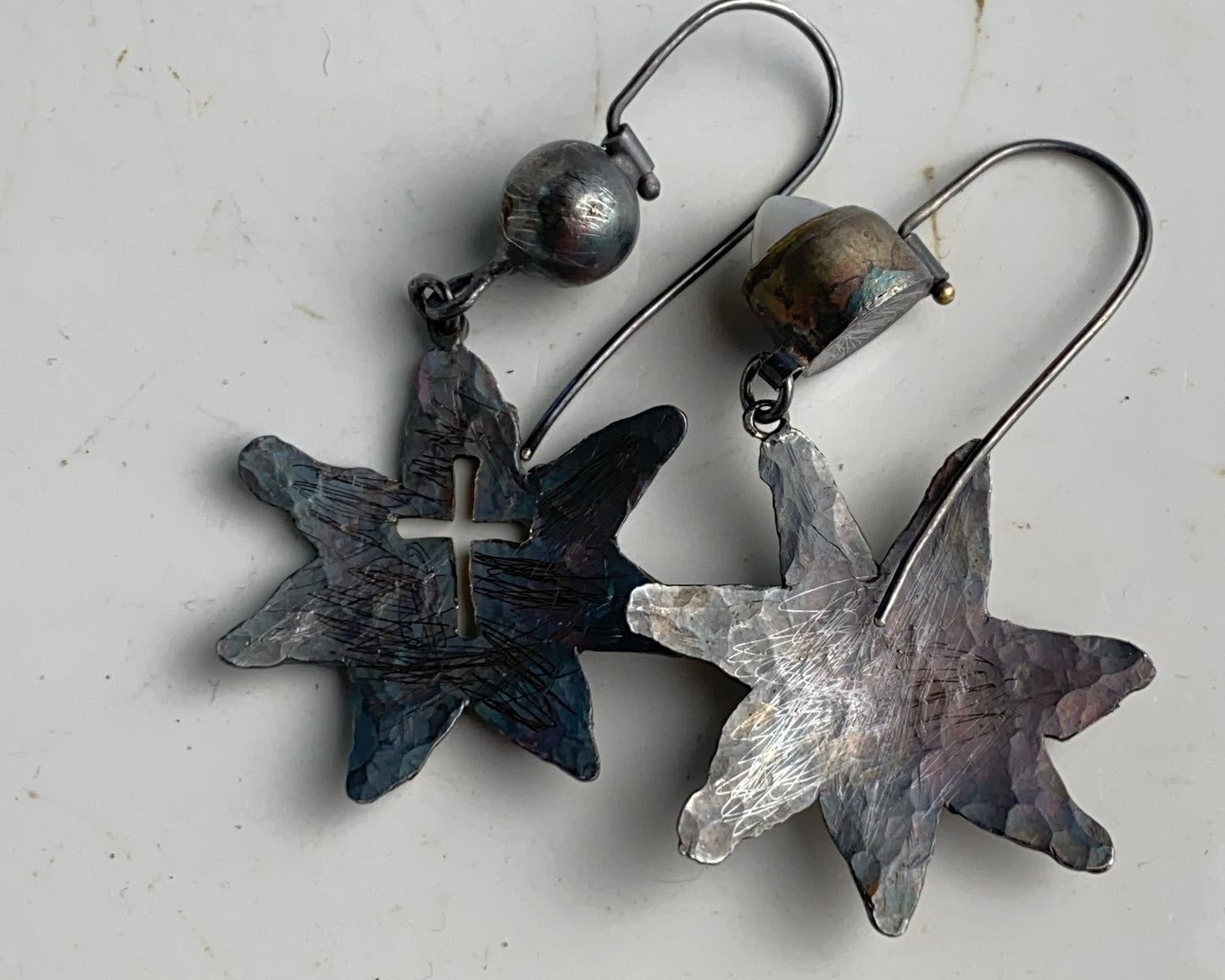 Handcraftet Starburst Earrings with Garnets, Agate, and Pearl