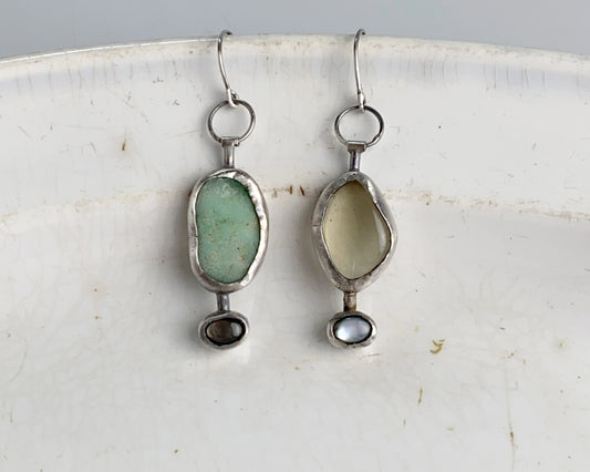 Asymmetrical Sterling Silver Earrings with Black Abalone Shell, Lemon Quartz & Chrysoprase