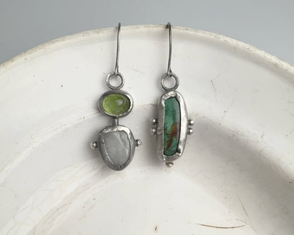 Turquoise & Aquamarine-Peridot Mismatched Silver Earrings