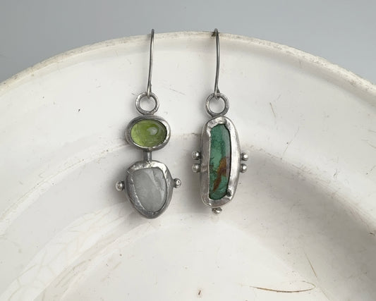 Turquoise & Aquamarine-Peridot Mismatched Silver Earrings