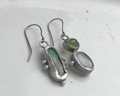 Turquoise & Aquamarine-Peridot Mismatched Silver Earrings