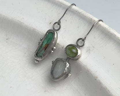 Turquoise & Aquamarine-Peridot Mismatched Silver Earrings