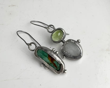 Turquoise & Aquamarine-Peridot Mismatched Silver Earrings