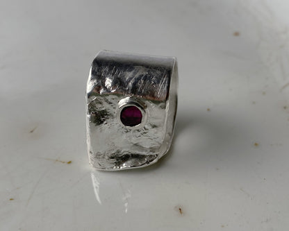 Handcrafted Wide Band Sterling Silver Ring with Bezel-Set Garnet