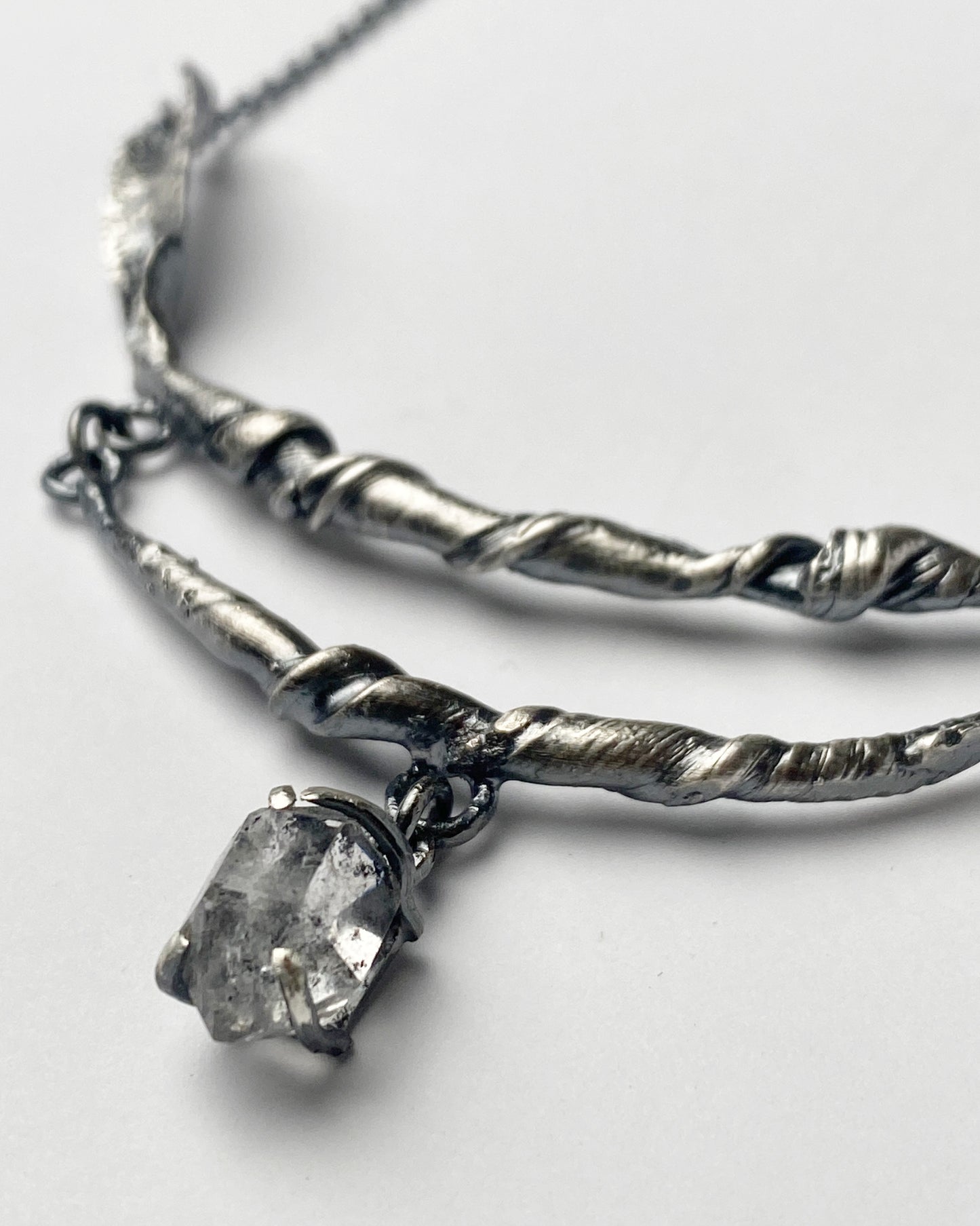 Twisted Silver Herkimer Diamond Botanical Necklace