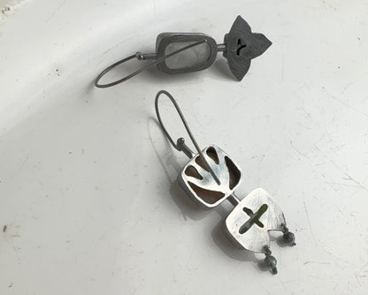 Handcrafted Asymmetrical Silver Earrings with Chalcedony, Jade, Quartz & Black Agate