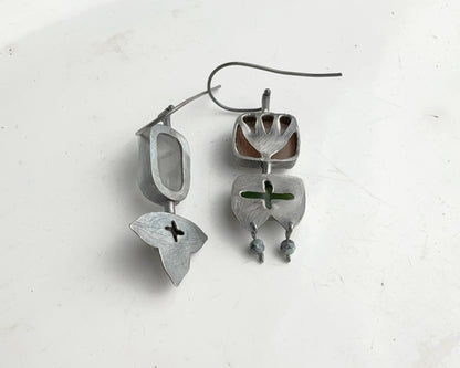 Handcrafted Asymmetrical Silver Earrings with Chalcedony, Jade, Quartz & Black Agate