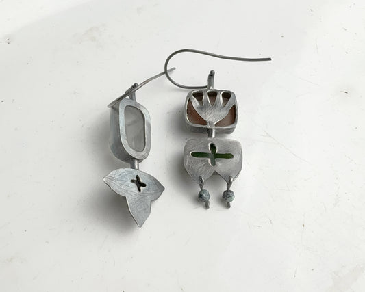 Handcrafted Asymmetrical Silver Earrings with Chalcedony, Jade, Quartz & Black Agate