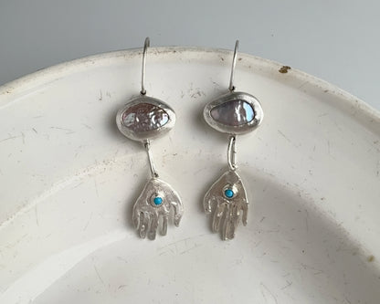 Pearl and Turquoise Silver Hand Drop Earrings