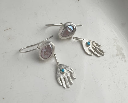 Pearl and Turquoise Silver Hand Drop Earrings