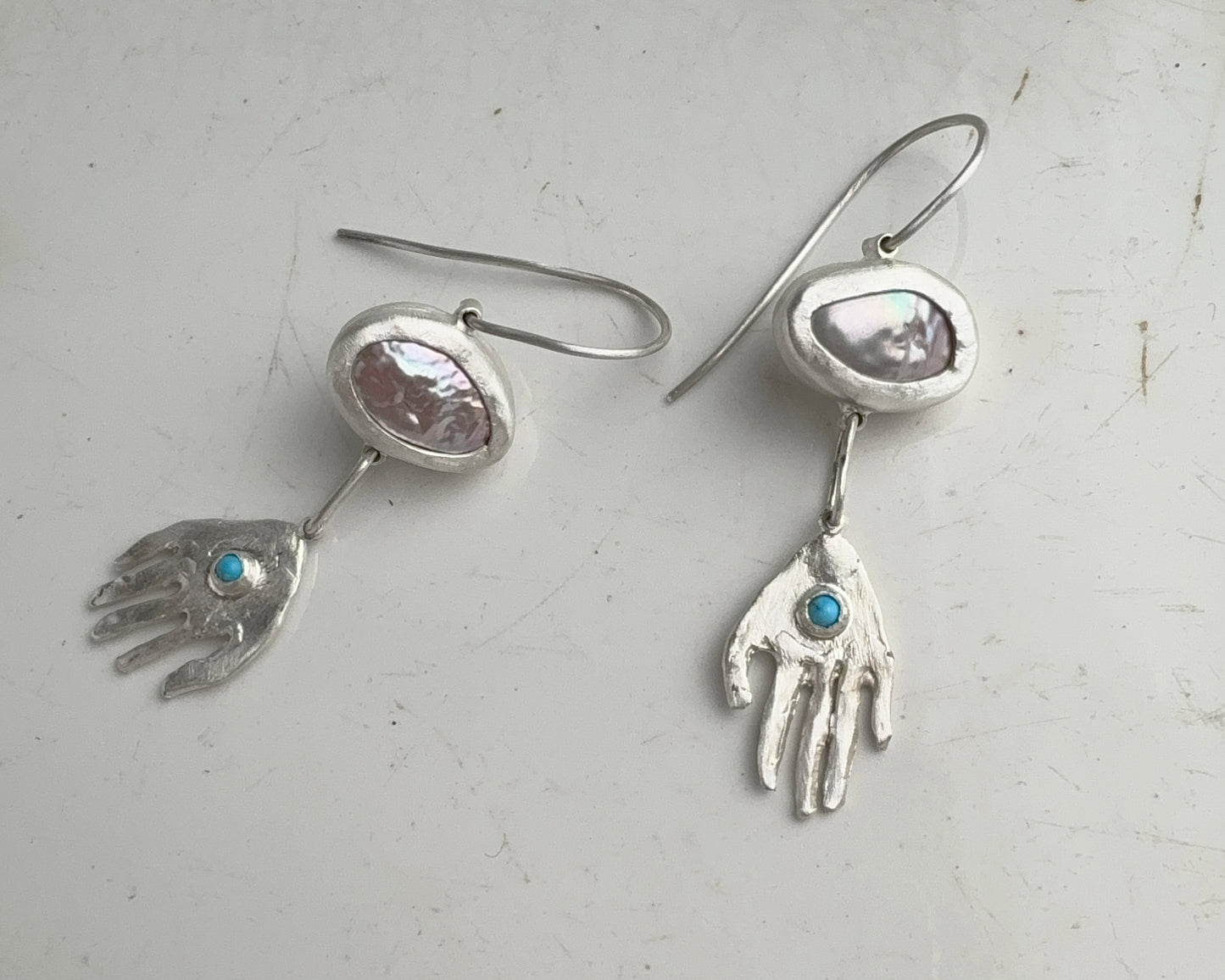Pearl and Turquoise Silver Hand Drop Earrings