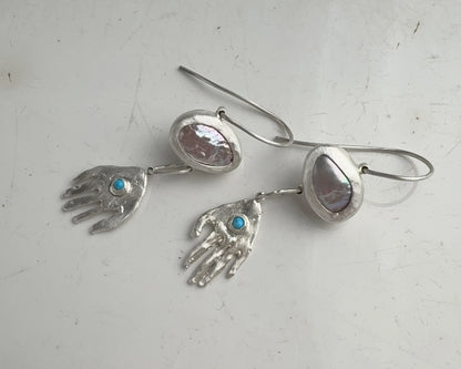 Pearl and Turquoise Silver Hand Drop Earrings