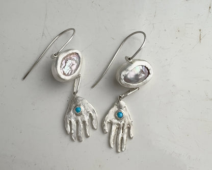 Pearl and Turquoise Silver Hand Drop Earrings