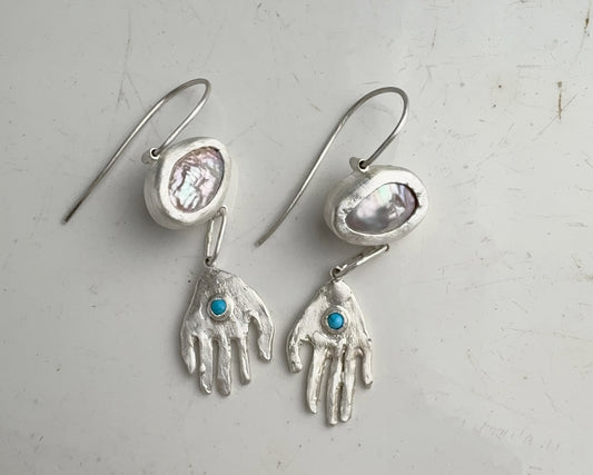 Pearl and Turquoise Silver Hand Drop Earrings