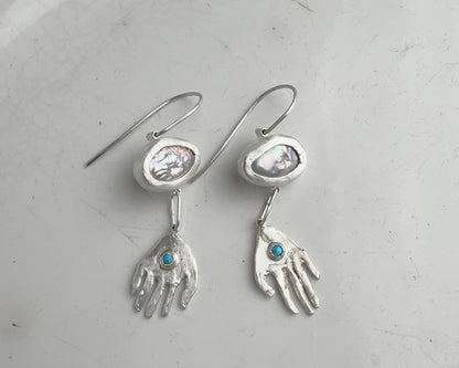 Pearl and Turquoise Silver Hand Drop Earrings